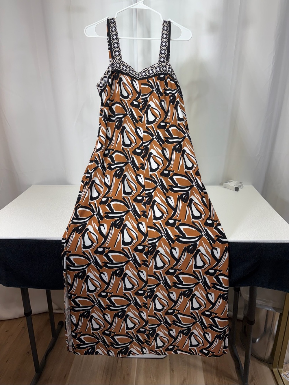 Cato Brown Black and White Abstract Print Maxi Dress with Patterned Straps 4298